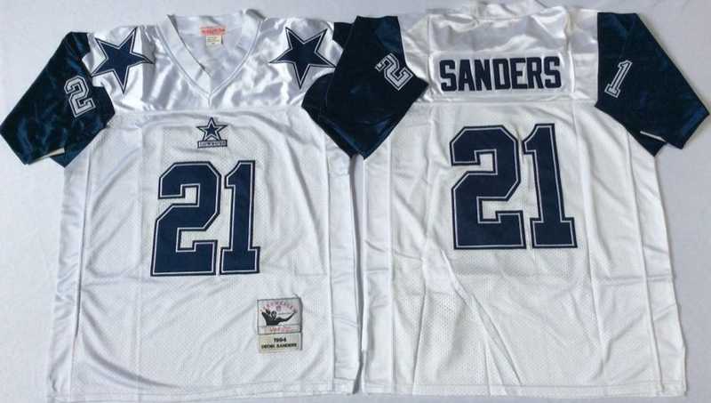 Cowboys 21 Deion Sanders White M&N Throwback Jersey